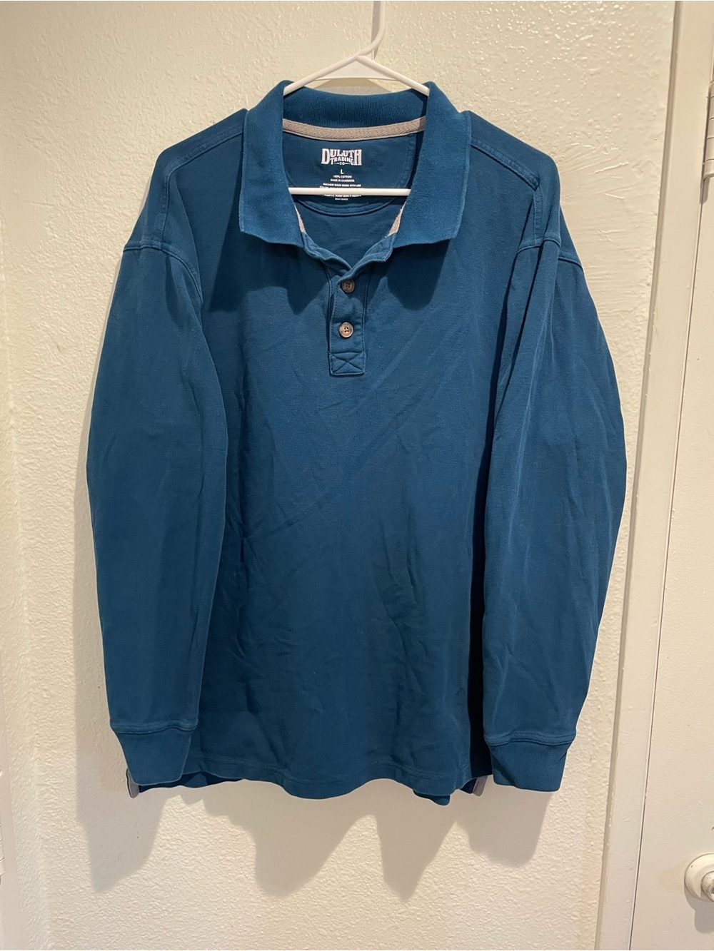 Duluth Trading Co Men's Teal Blue Long Sleeve Cotton Polo Shirt Size Large